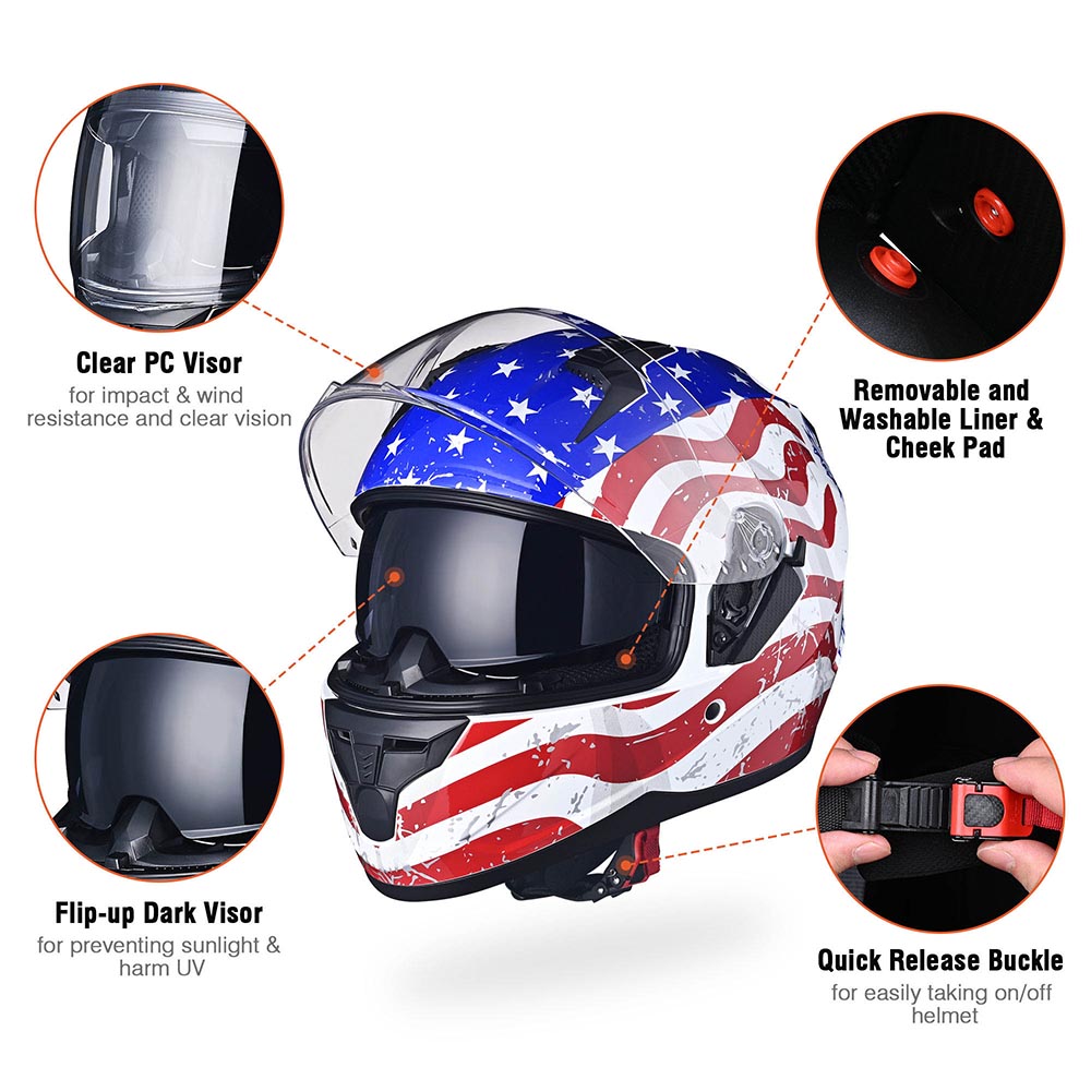 AHR RUN-F Full Face Helmet with Dual Visor Eagle DOT